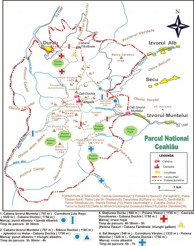 Harta Trasee Turistice în Munţii Ceahlău